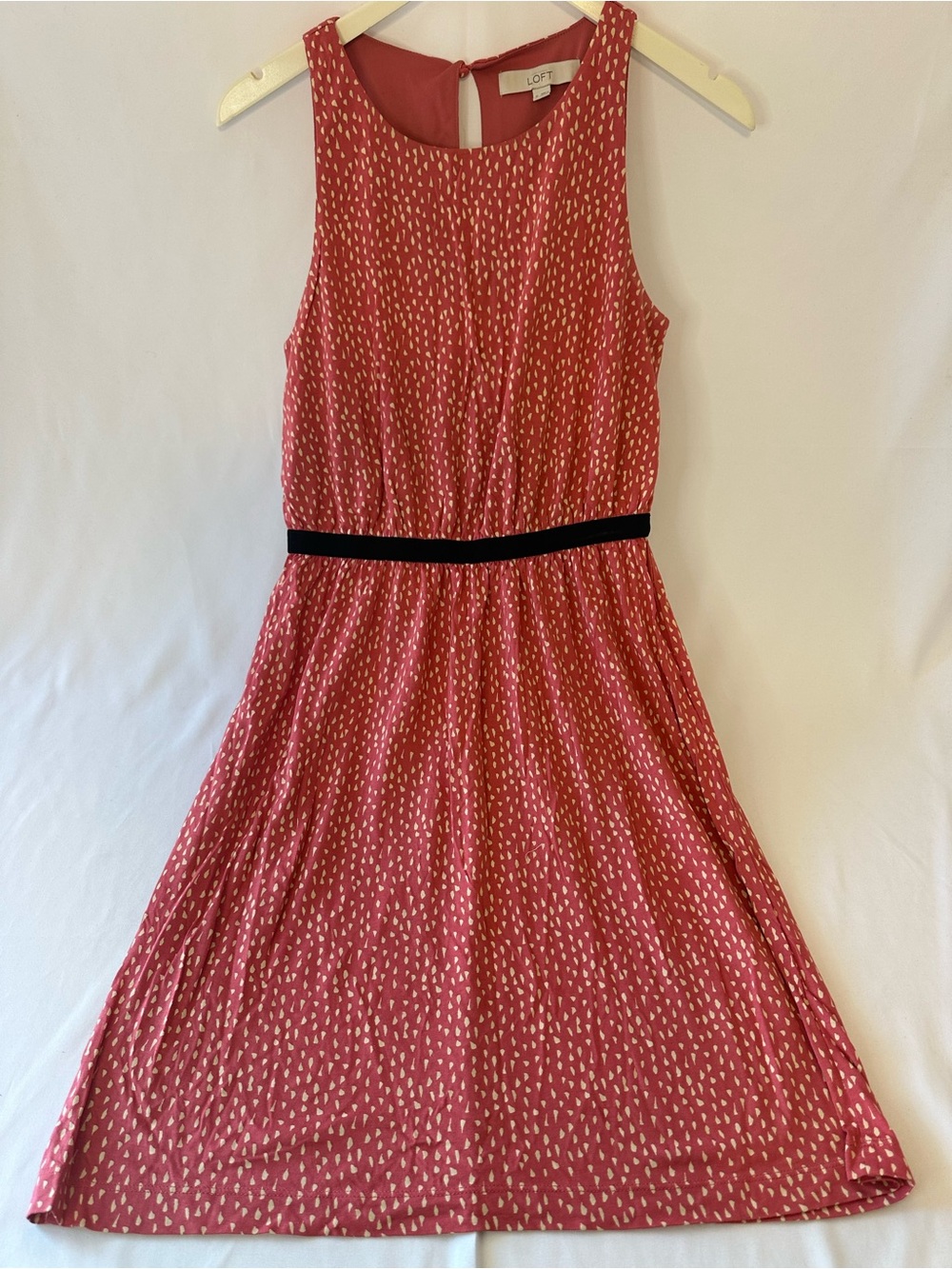 LOFT Coral Pink Printed Midi Dress with Black Waistband